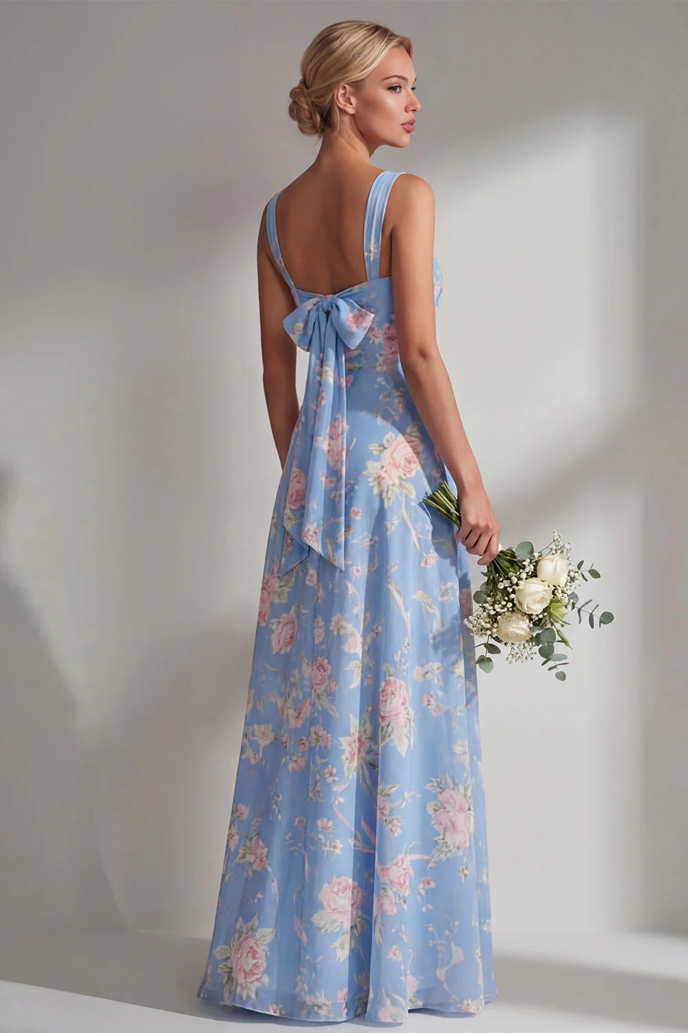 Longue robe de demoiselle d’honneur à motif motif d’une épaule et fleur rose en chiffon - Image 4