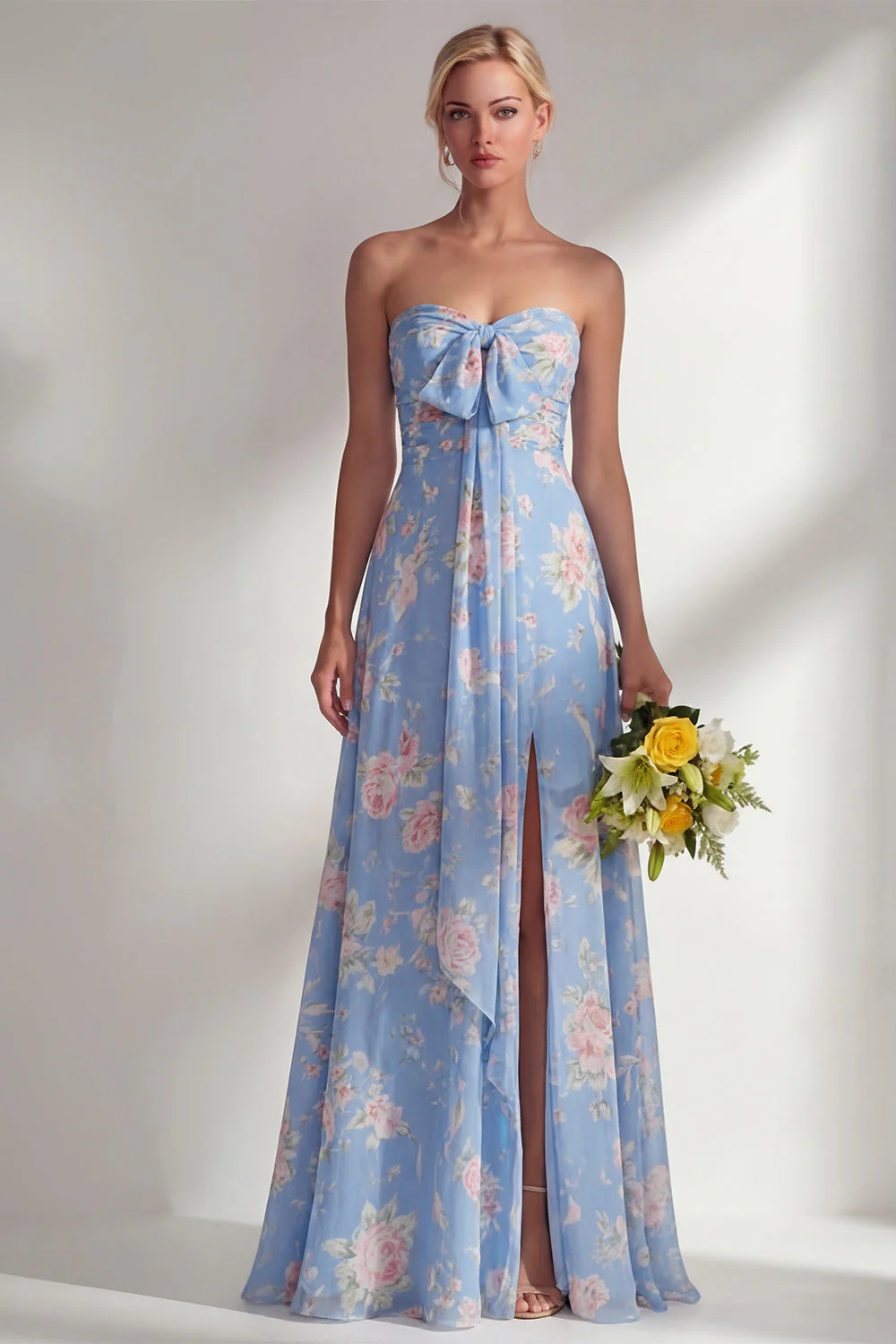 Longue robe de demoiselle d’honneur à motif motif d’une épaule et fleur rose en chiffon - Image 5