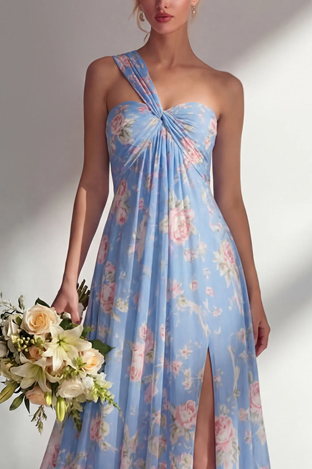 Longue robe de demoiselle d’honneur à motif motif d’une épaule et fleur rose en chiffon - Image 7