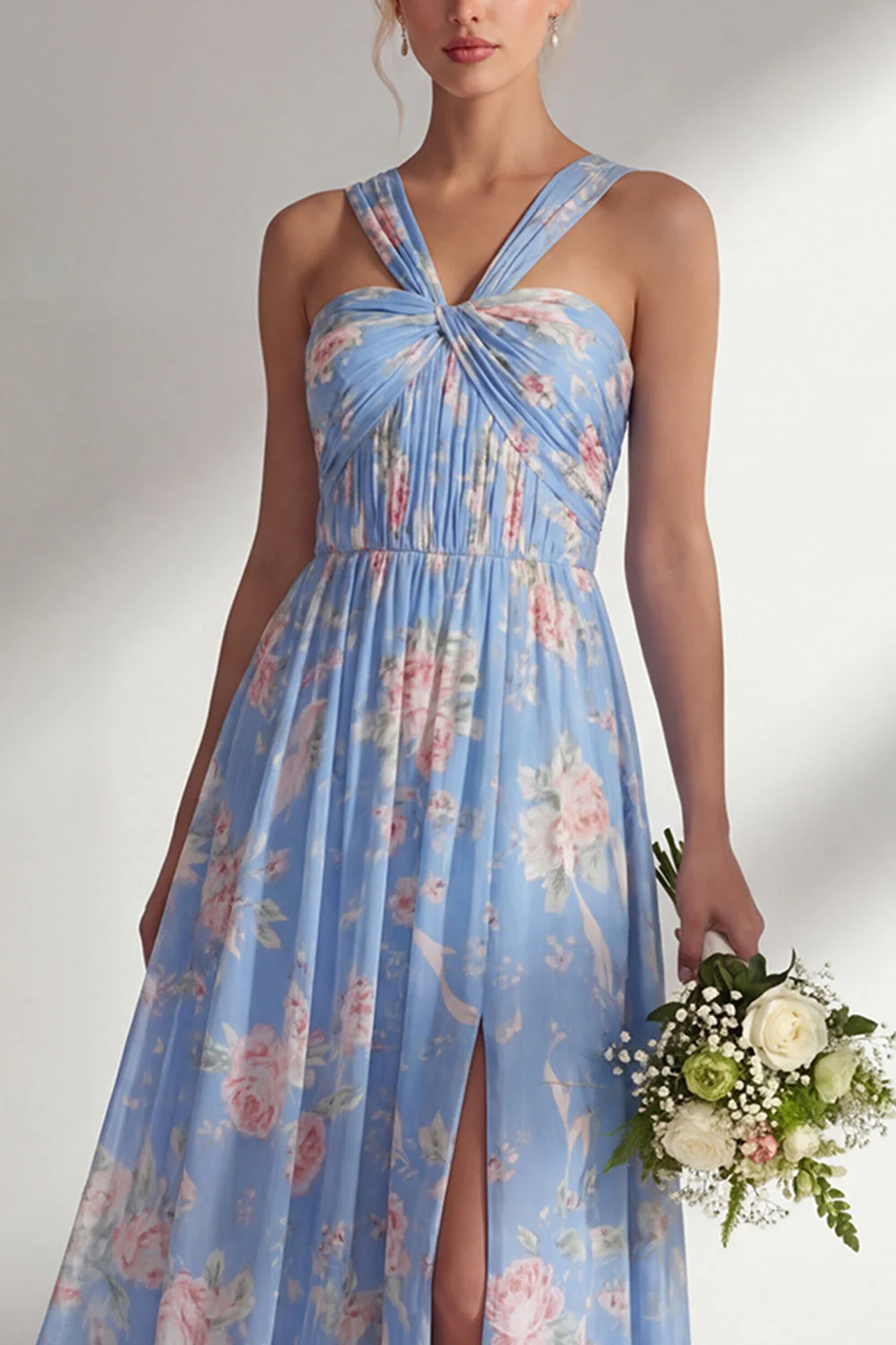 Longue robe de demoiselle d’honneur à motif motif d’une épaule et fleur rose en chiffon - Image 9
