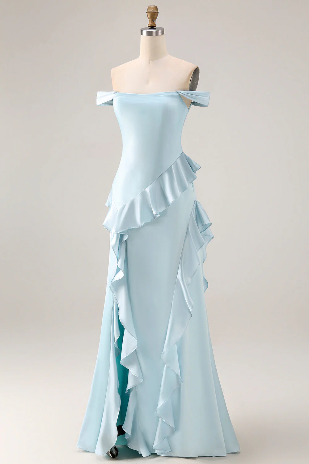 Longue robe de demoiselle d’honneur bleu clair décollée sur les épaules décollées en satin avec fente - Image 3