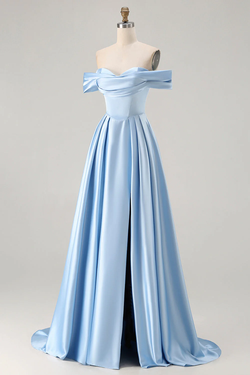 Robe de demoiselle dhonneur longue bleue en satin à épaule dénudée avec fente - Image 5
