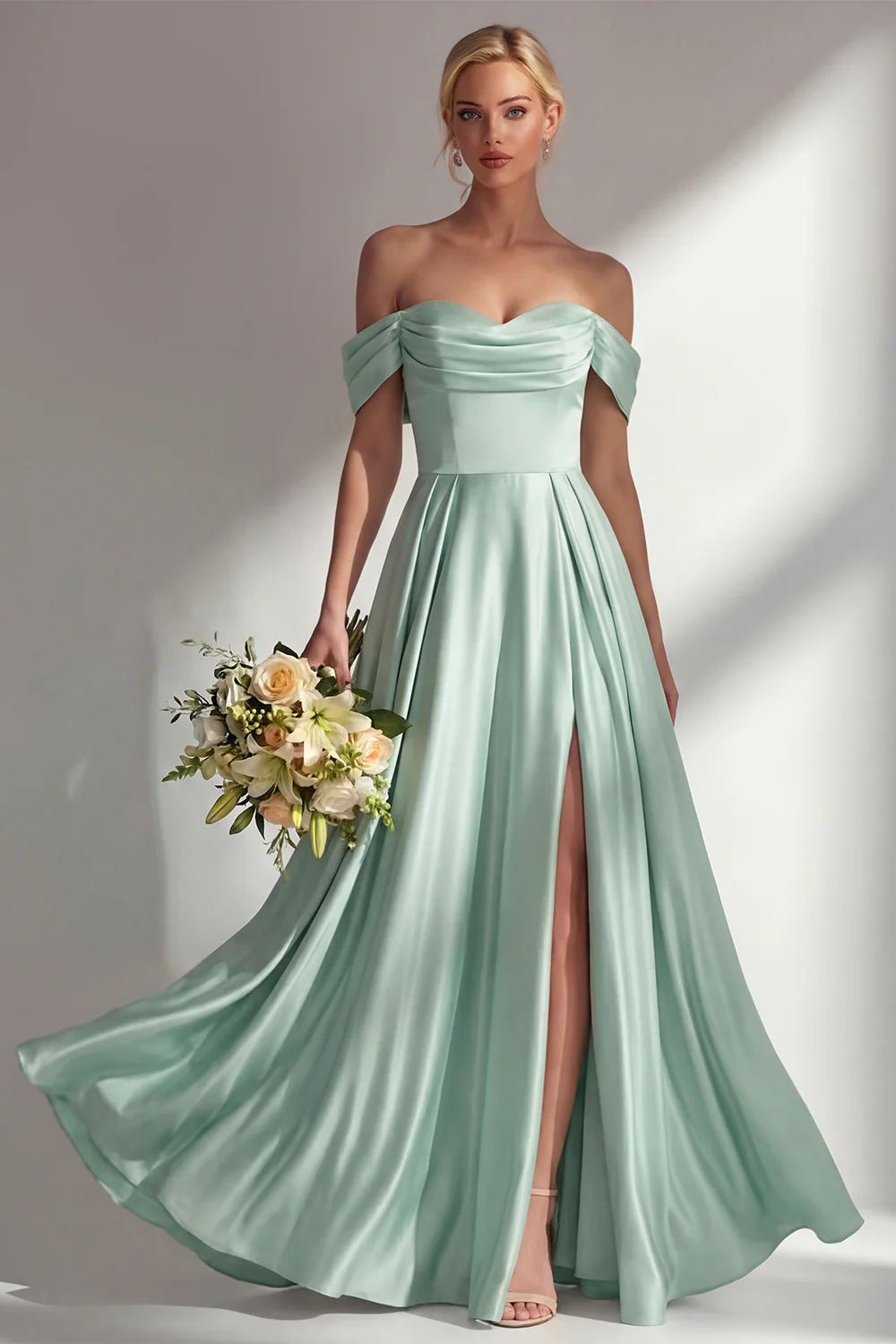 Robe de demoiselle dhonneur longue bleue en satin à épaule dénudée avec fente - Image 9