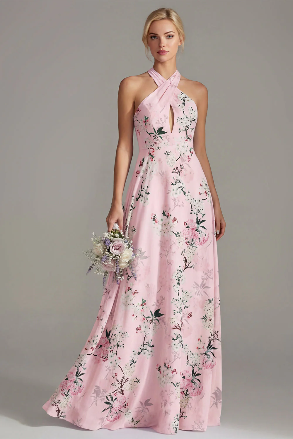 Longue robe de demoiselle d’honneur rose à col nu à boutons à fleurs
