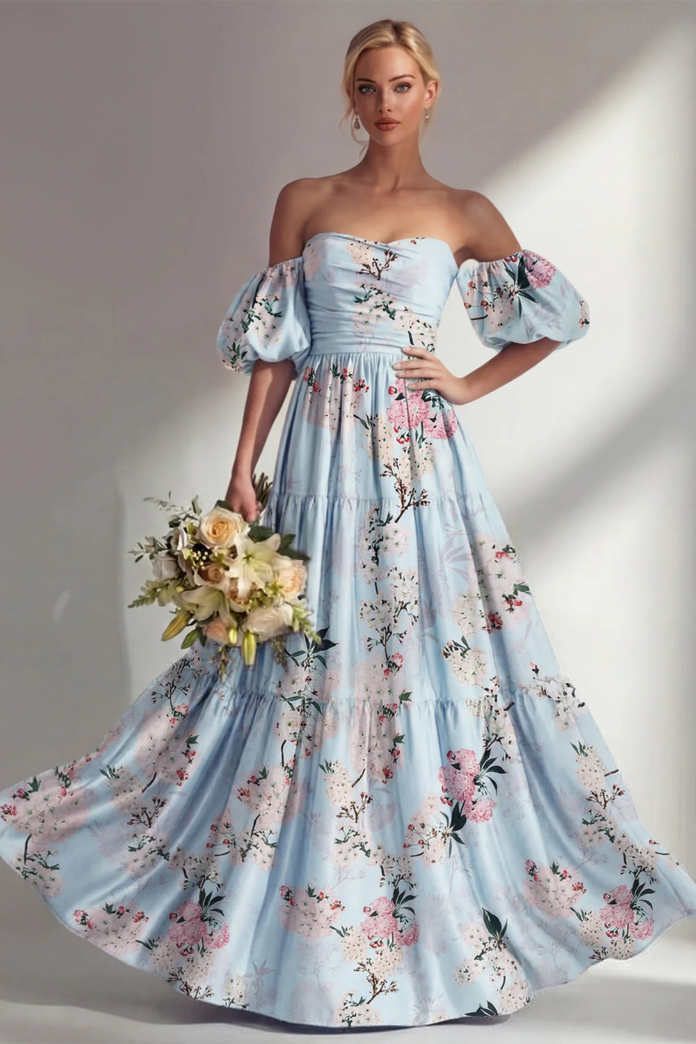 Longue robe de demoiselle d’honneur rose rose, bustier sans bretelles, avec manches bouffantes - Image 5