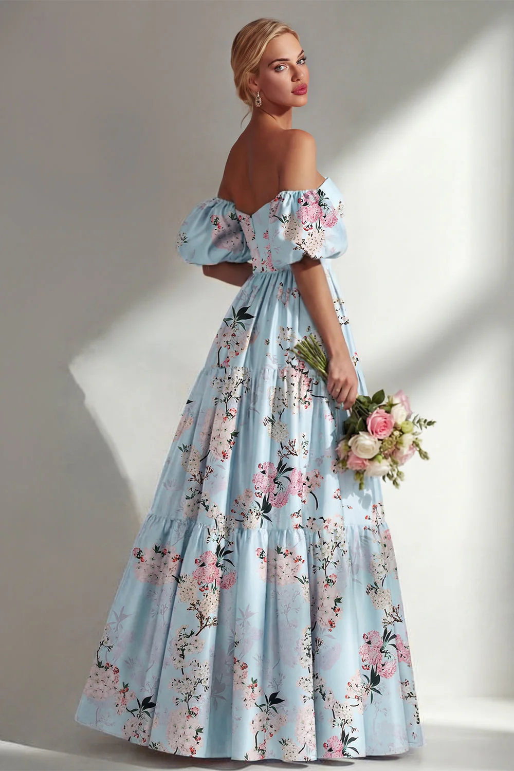 Longue robe de demoiselle d’honneur rose rose, bustier sans bretelles, avec manches bouffantes - Image 6