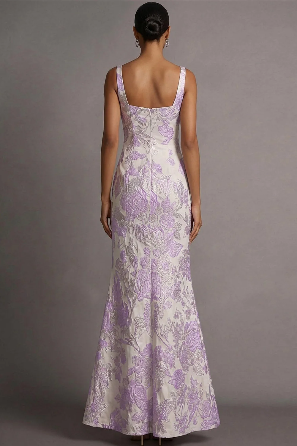 Longue robe de mariée pour invité à la sirène lilas jacquard à bretelles fines fines - Image 2