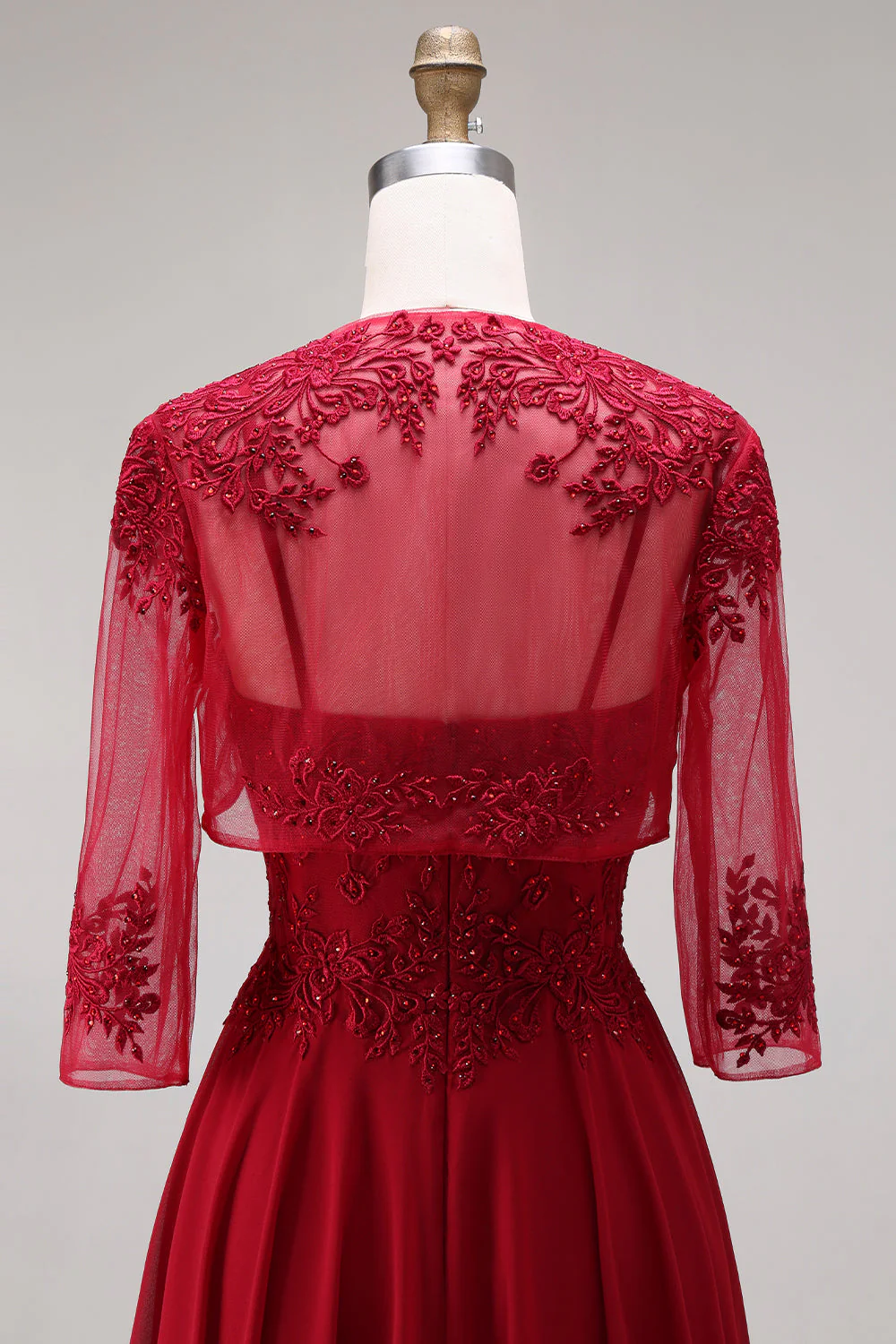 Longue robe de mère de la mariée en velours bordeaux appliquée à ligne A avec perles - Image 10