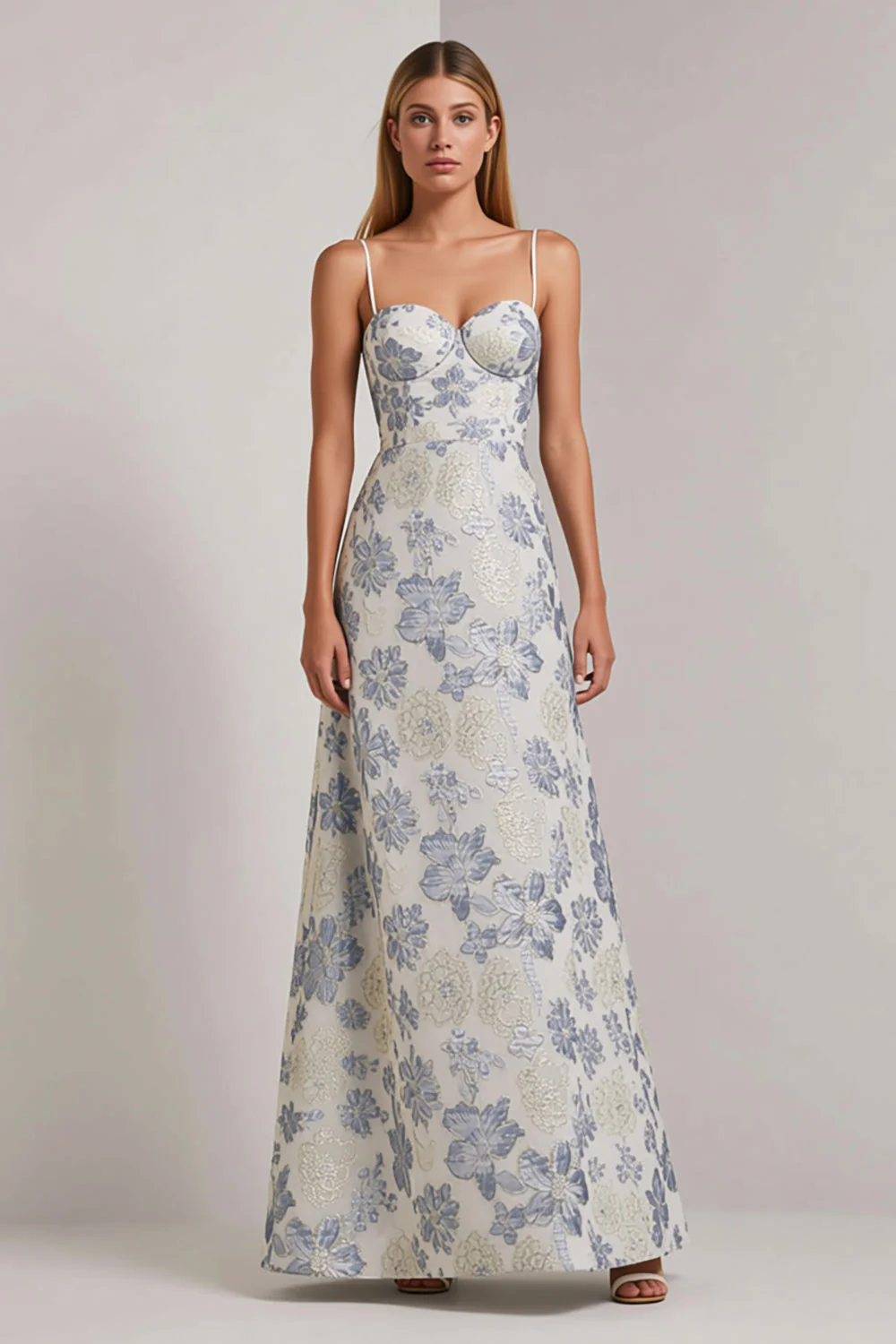 Longue robe fleurie à bretelles fines bleu poussiéreux A Line