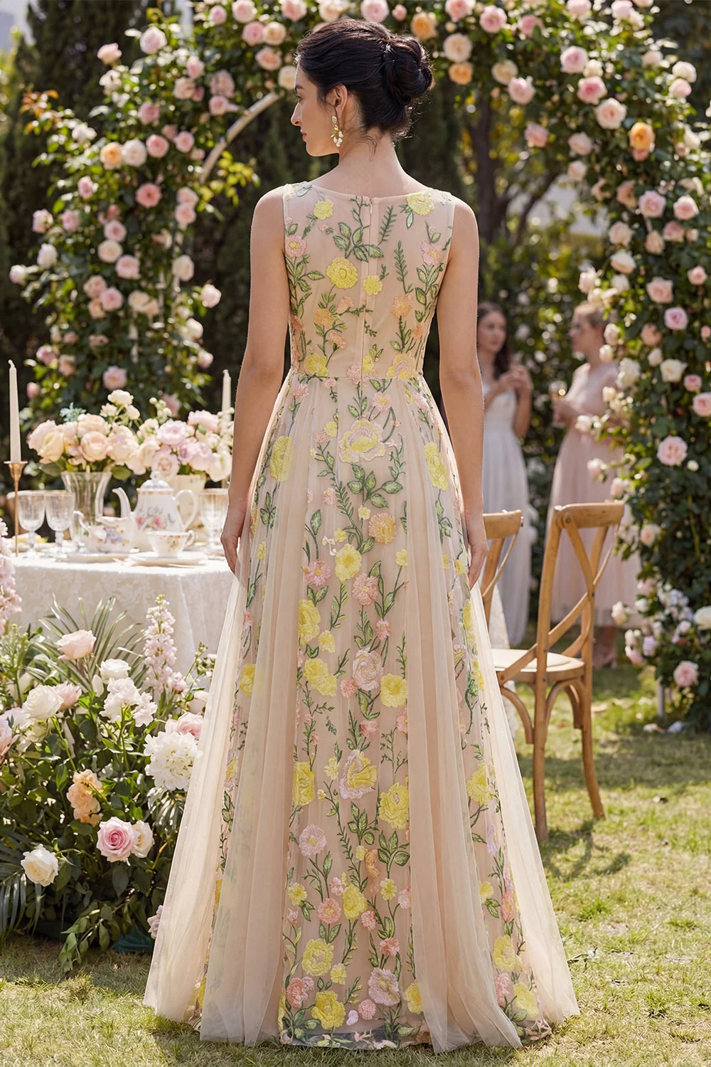 Longue robe fleurie brodée en tulle en tulle A-Line Champagne - Image 2