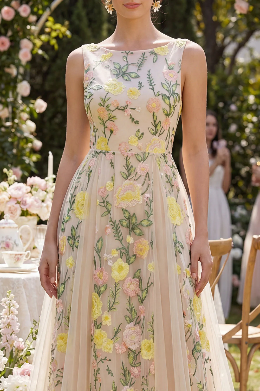 Longue robe fleurie brodée en tulle en tulle A-Line Champagne - Image 3