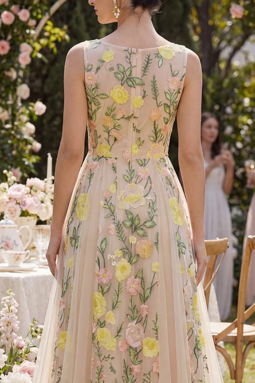 Longue robe fleurie brodée en tulle en tulle A-Line Champagne - Image 4
