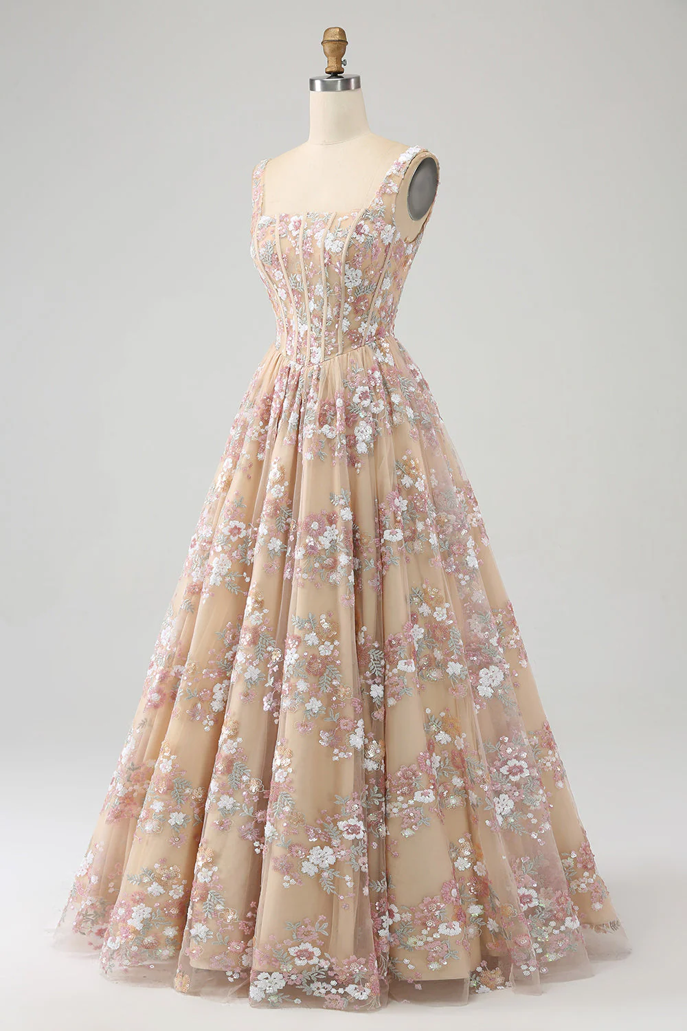 Luxueuse robe de soirée corset champagne à col carré avec appliques - Image 3