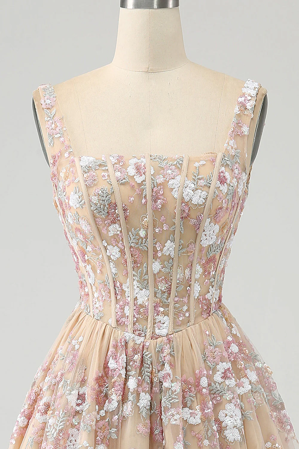 Luxueuse robe de soirée corset champagne à col carré avec appliques - Image 4
