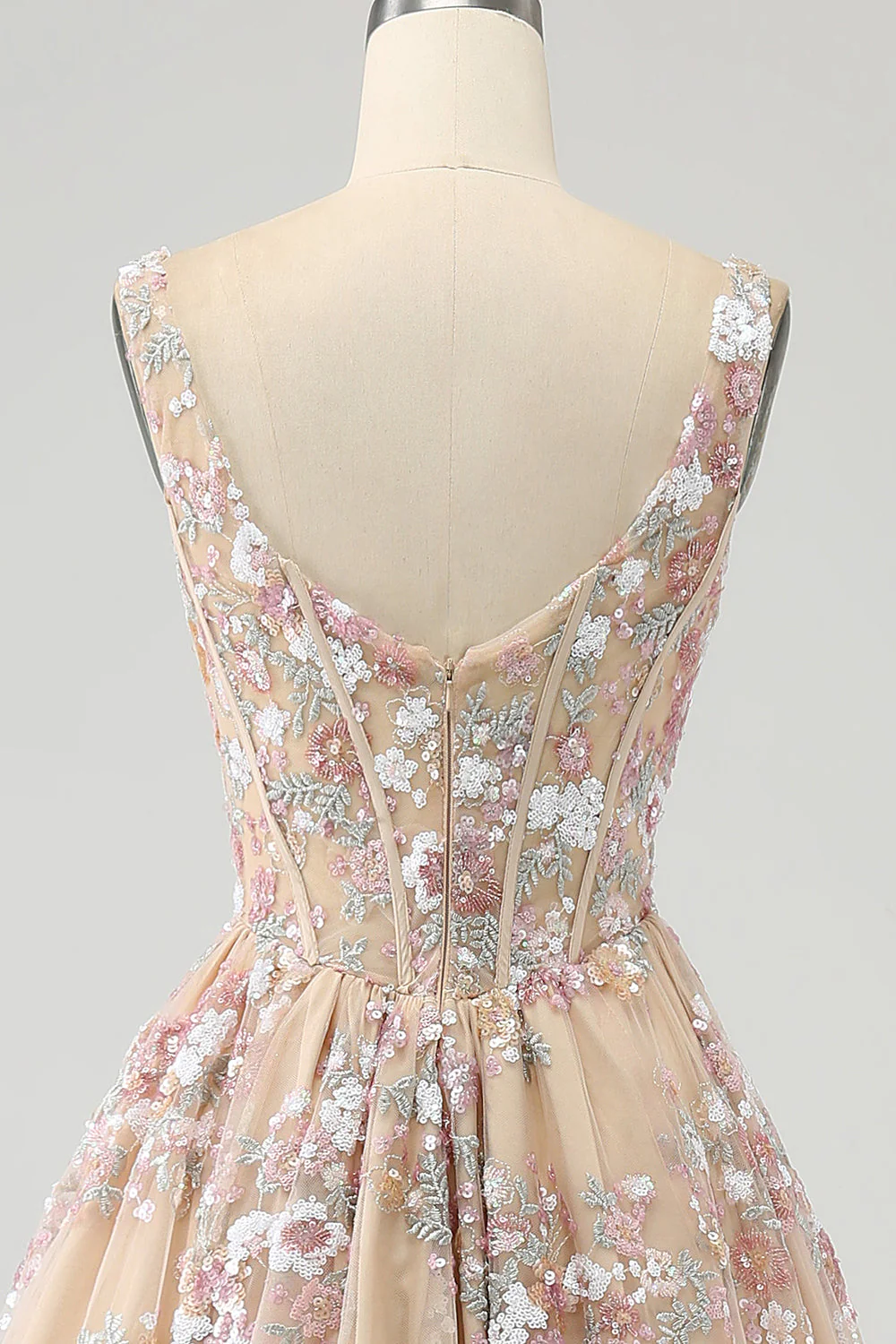 Luxueuse robe de soirée corset champagne à col carré avec appliques - Image 5