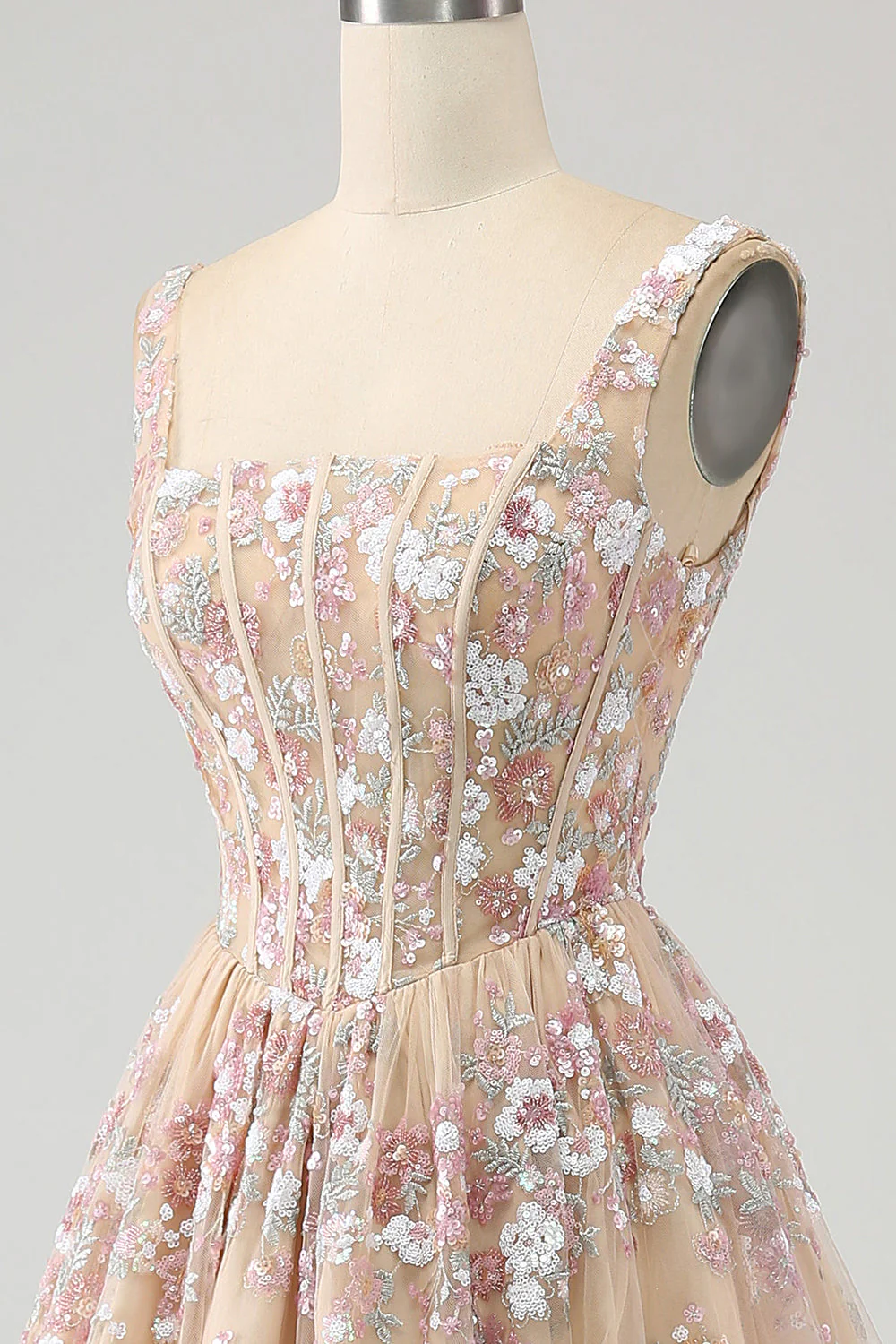 Luxueuse robe de soirée corset champagne à col carré avec appliques - Image 6