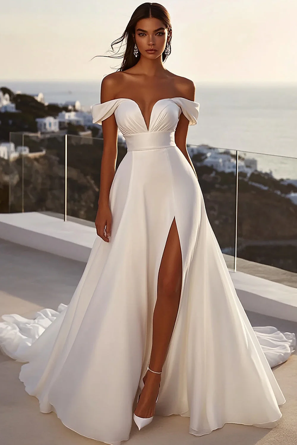 lvory Une ligne dénudée épaule longue robe de mariée avec fente