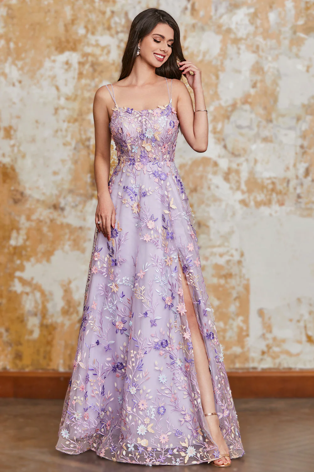Magnifique A Line Spaghetti Bretelles Violet Clair Longue Robe De soirée Avec Appliques - Image 3