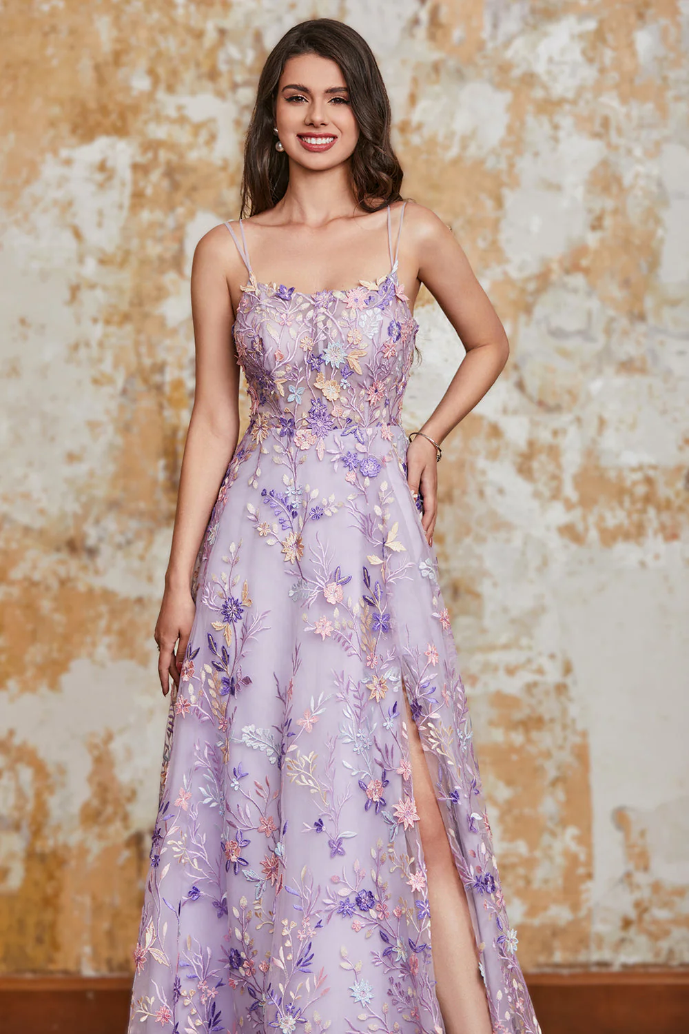 Magnifique A Line Spaghetti Bretelles Violet Clair Longue Robe De soirée Avec Appliques - Image 5