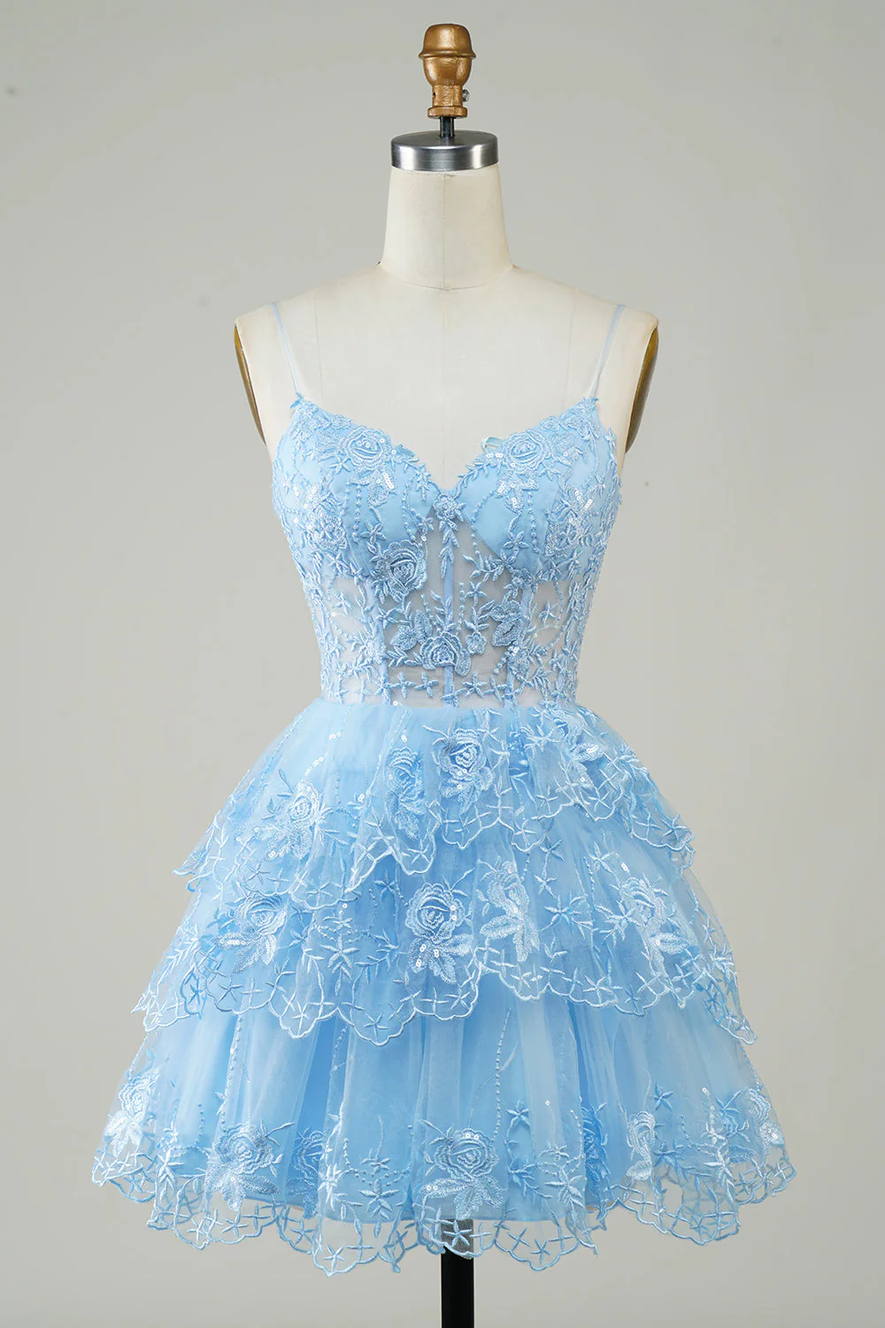Magnifique A Line Spaghetti Straps Bleu foncé Corset scintillant Robe Cocktail - Image 15