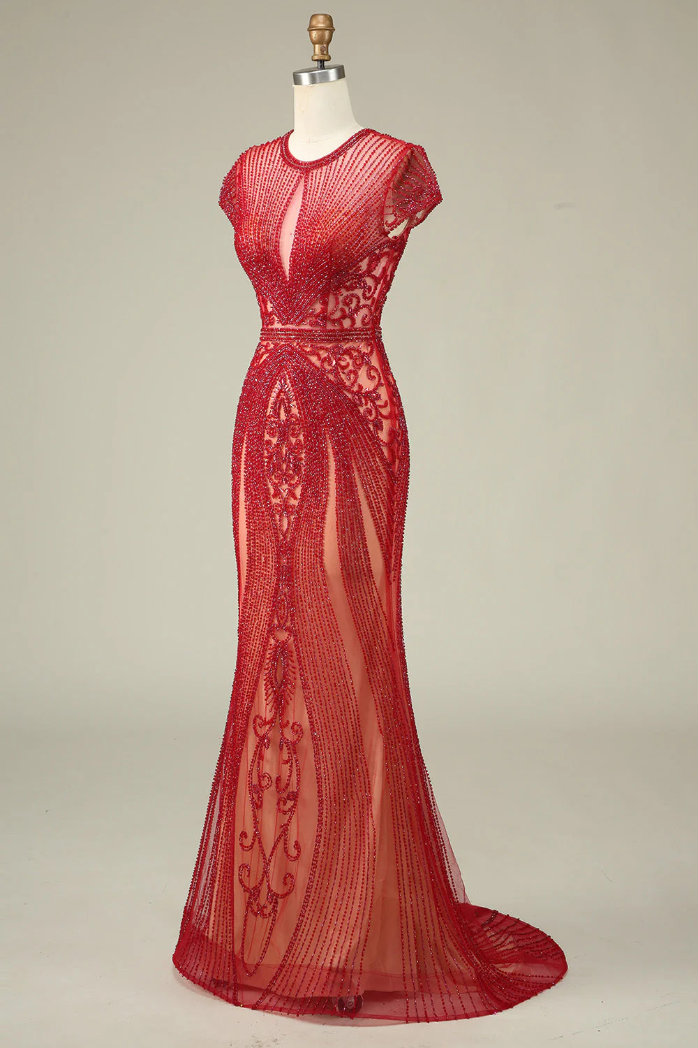 Magnifique sirène bijou cou Bourgogne robe de bal avec perles - Image 3