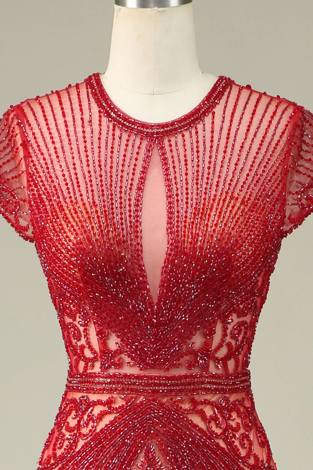 Magnifique sirène bijou cou Bourgogne robe de bal avec perles - Image 4
