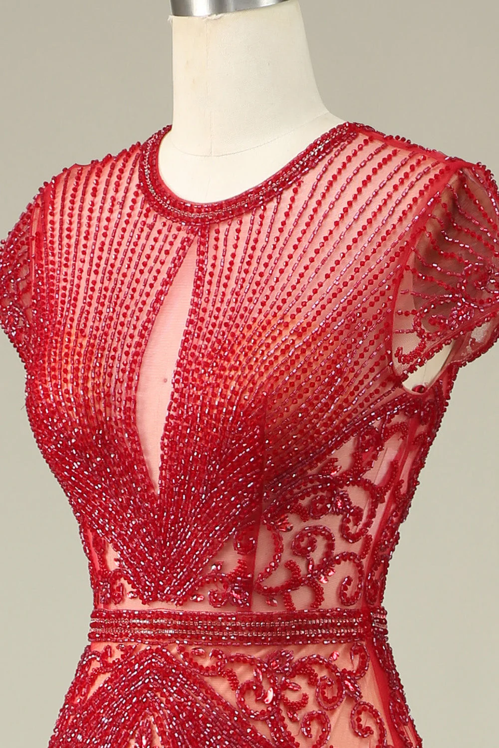 Magnifique sirène bijou cou Bourgogne robe de bal avec perles - Image 6