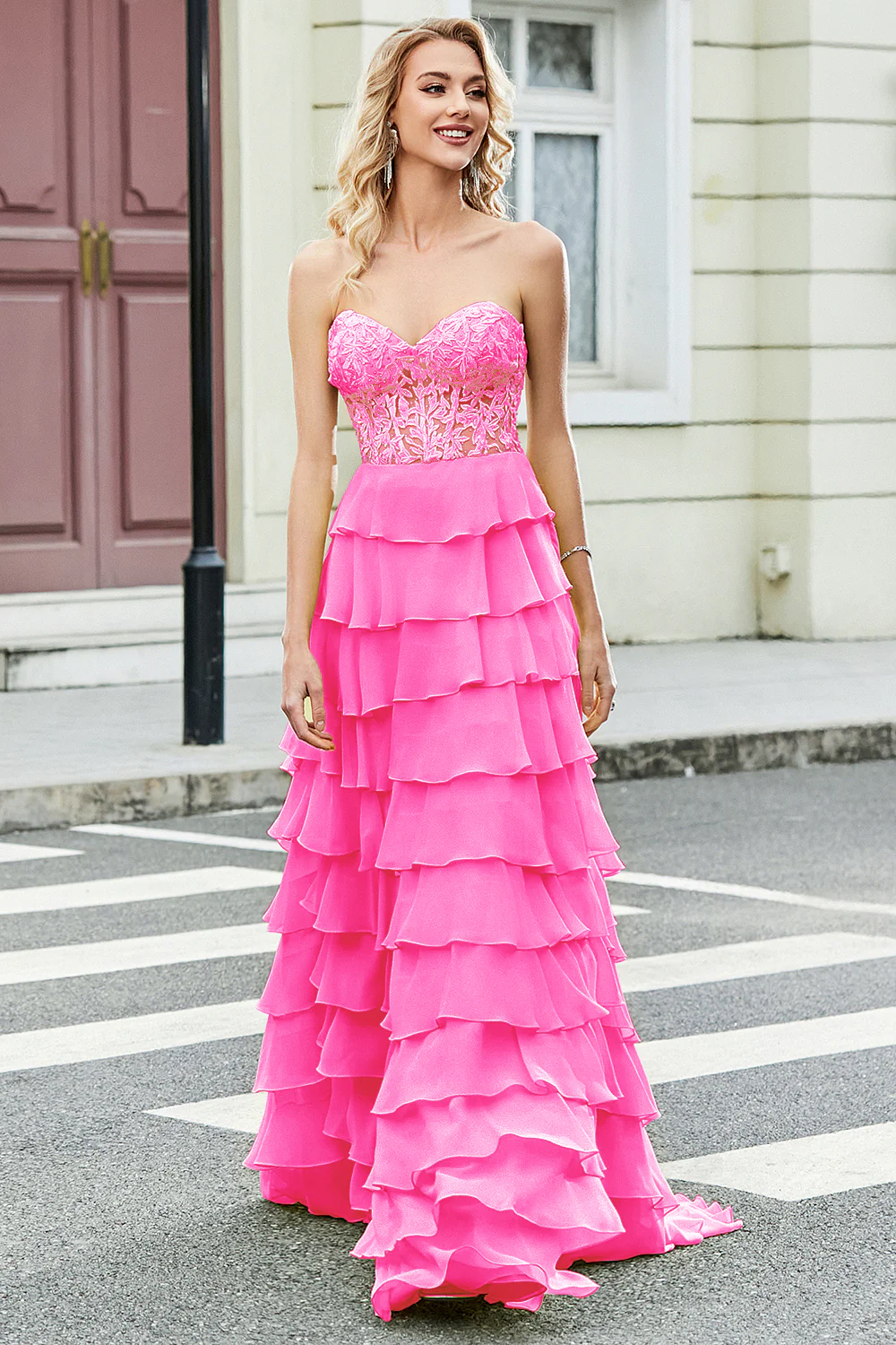 Magnifique une ligne chérie jaune Corset robe de soirée avec des volants Appliques - Image 7