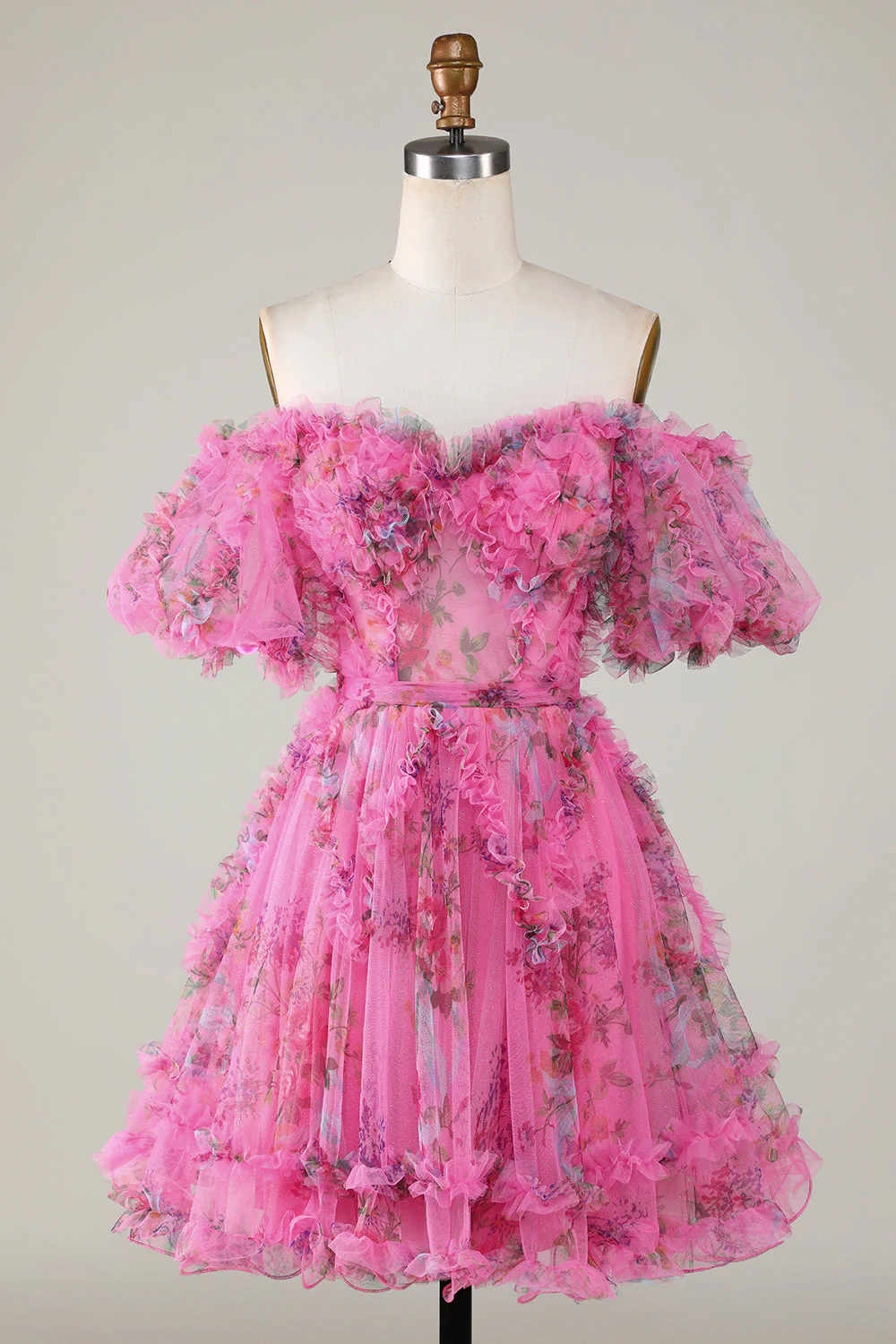 Magnifique Une ligne de l’épaule Fuchsia Tulle Robe courte Homecoming avec manches courtes