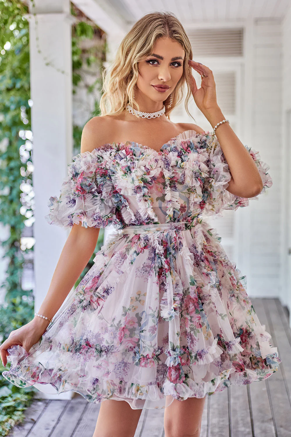 Magnifique Une ligne de l’épaule Fuchsia Tulle Robe courte Homecoming avec manches courtes - Image 16