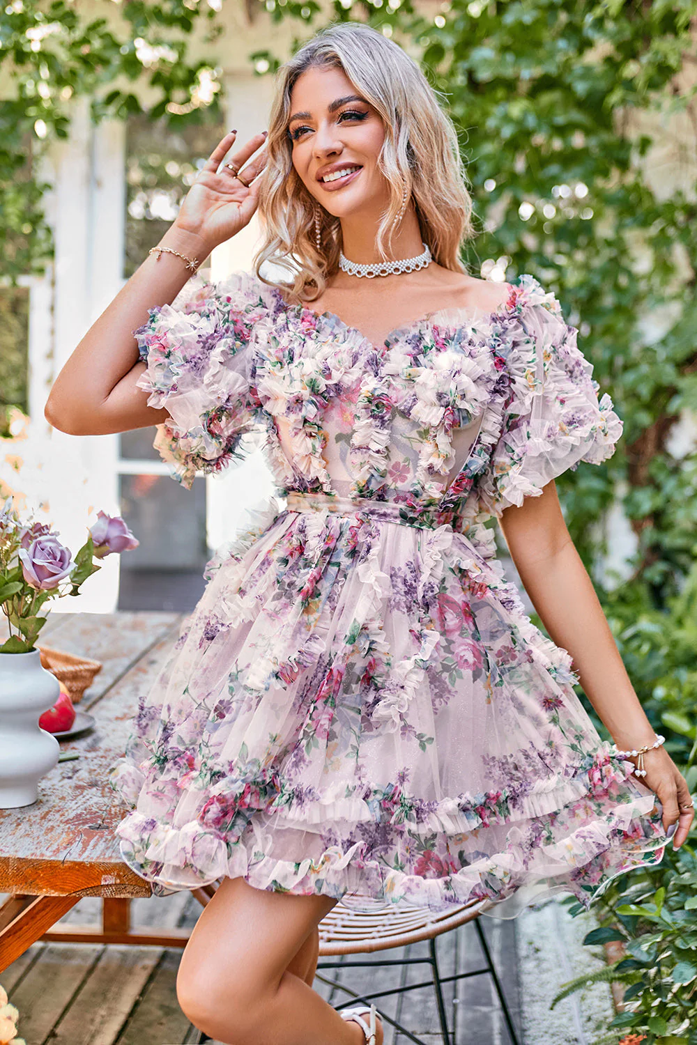 Magnifique Une ligne de l’épaule Fuchsia Tulle Robe courte Homecoming avec manches courtes - Image 18