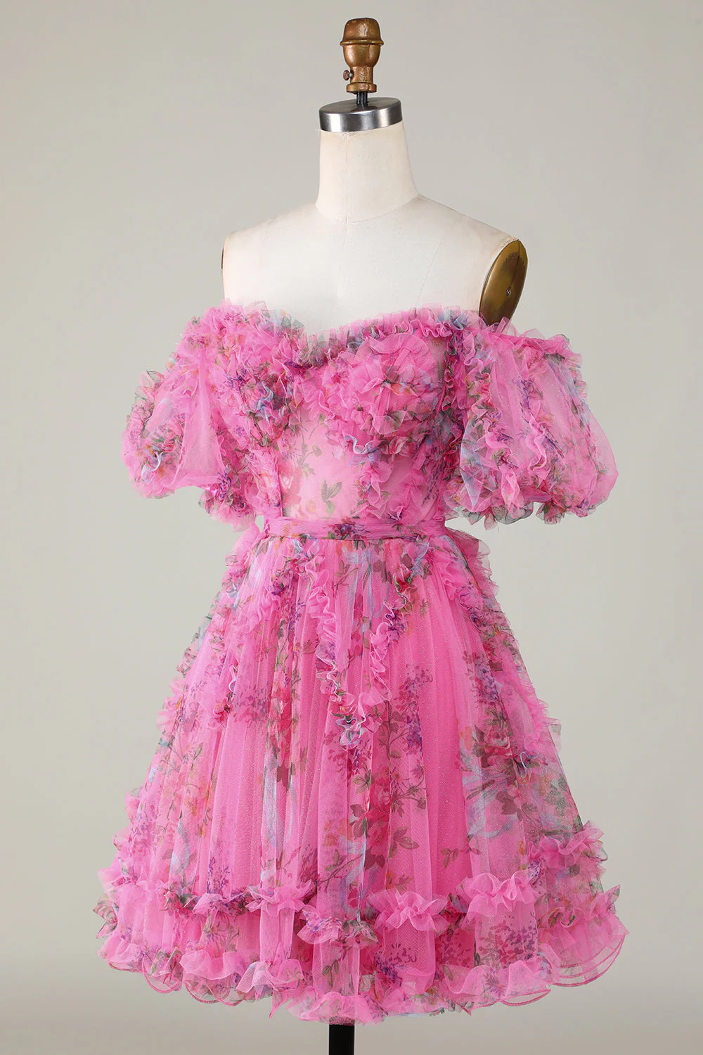 Magnifique Une ligne de l’épaule Fuchsia Tulle Robe courte Homecoming avec manches courtes - Image 3