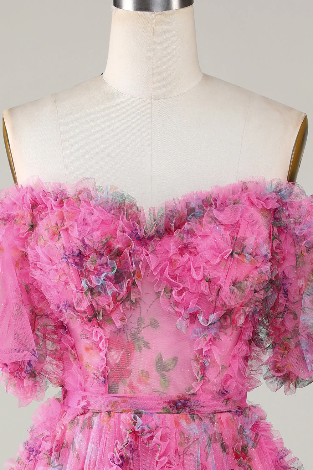 Magnifique Une ligne de l’épaule Fuchsia Tulle Robe courte Homecoming avec manches courtes - Image 4