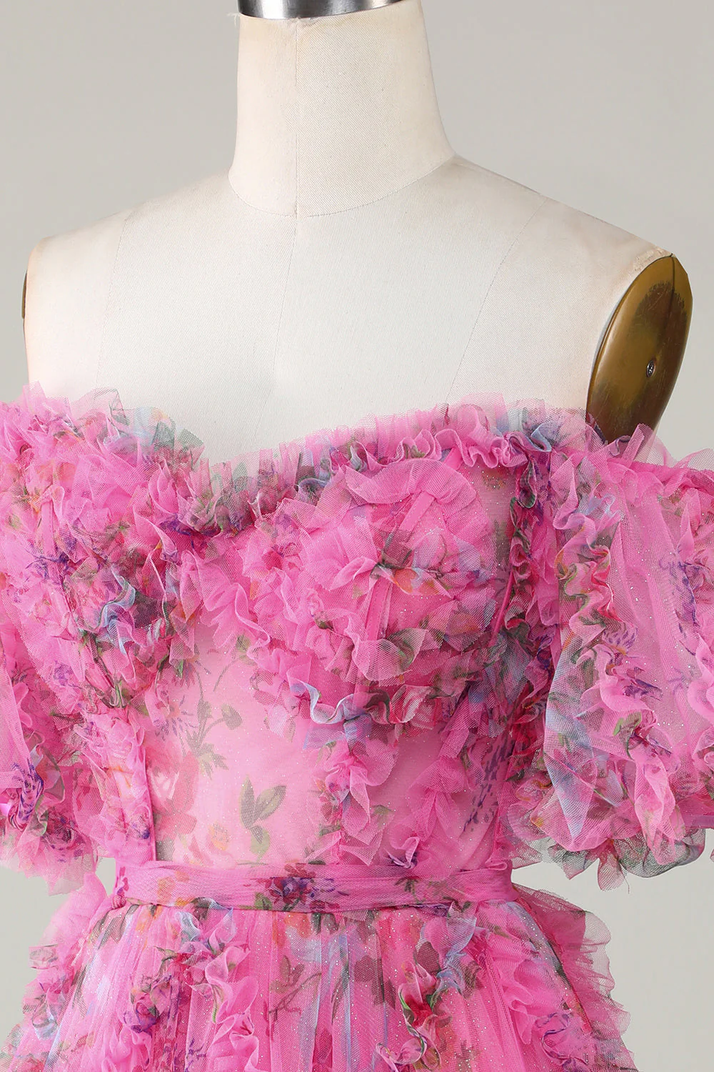 Magnifique Une ligne de l’épaule Fuchsia Tulle Robe courte Homecoming avec manches courtes - Image 5