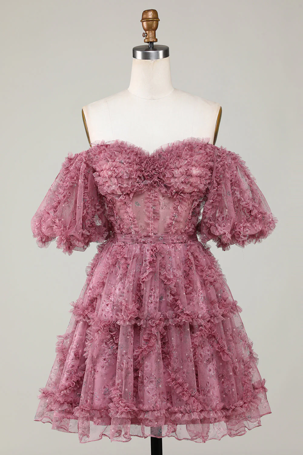 Magnifique Une ligne de l’épaule Fuchsia Tulle Robe courte Homecoming avec manches courtes - Image 7