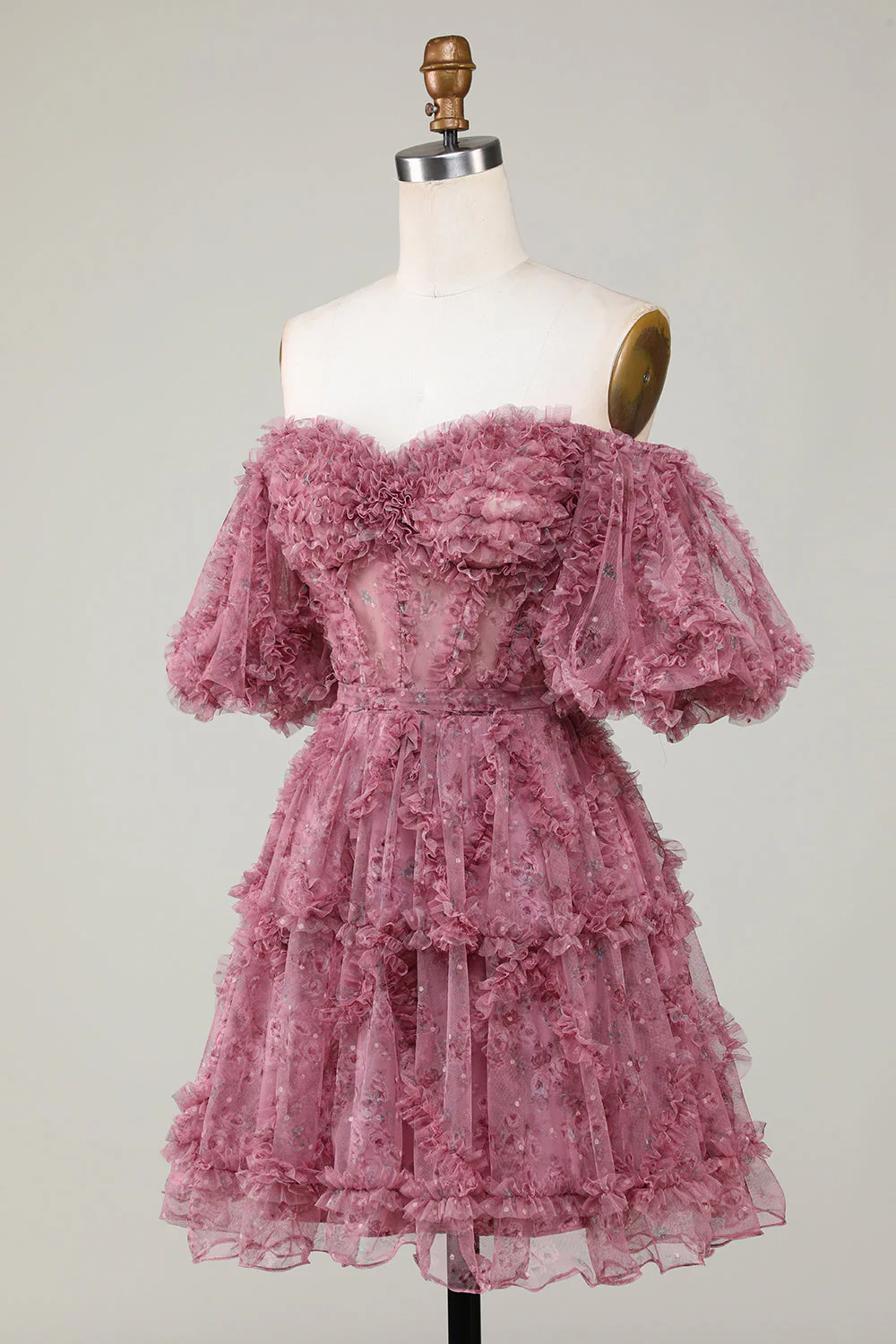 Magnifique Une ligne de l’épaule Fuchsia Tulle Robe courte Homecoming avec manches courtes - Image 9