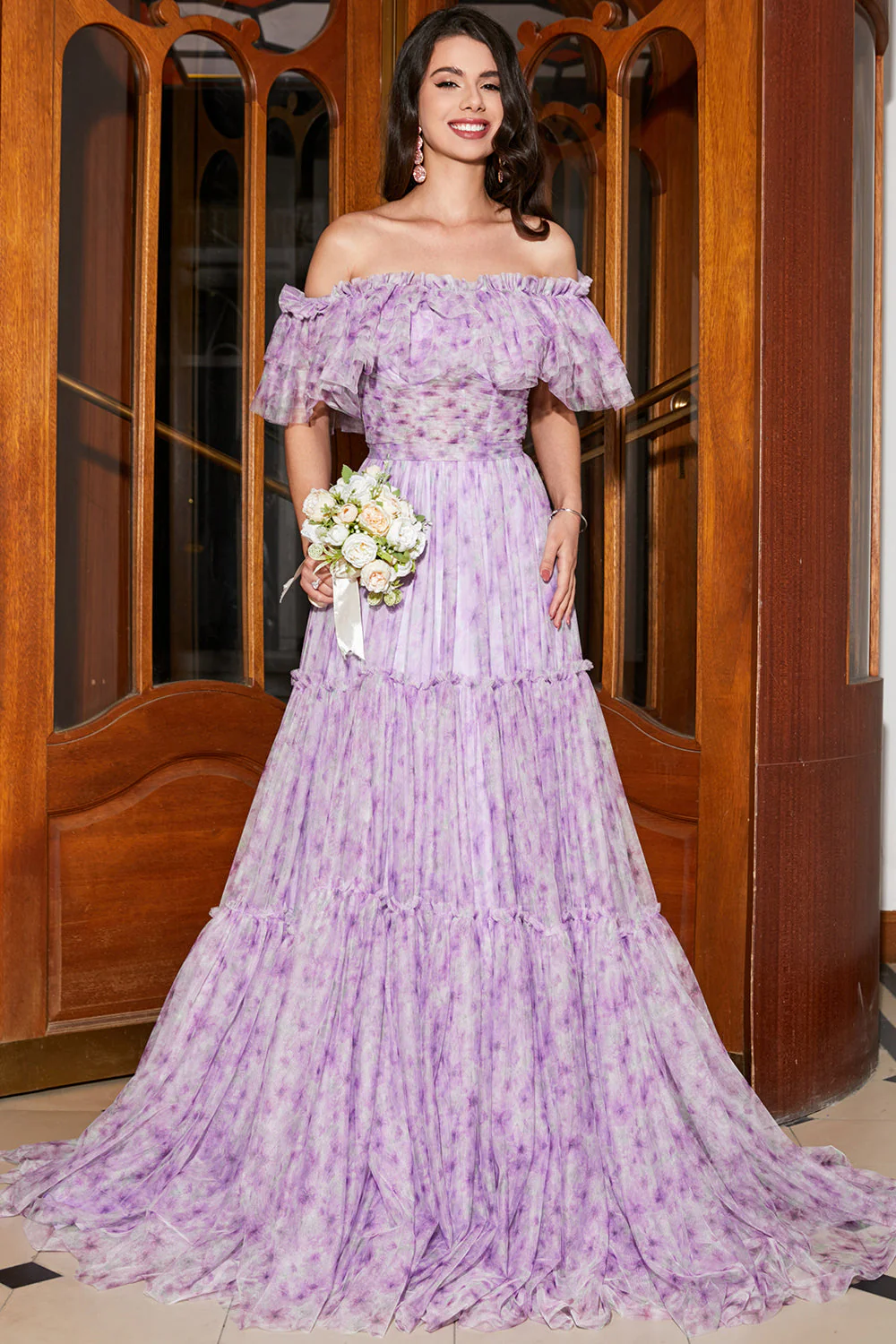 Magnifique une ligne hors de l’épaule lilas Floral longue robe de soirée avec volants - Image 5