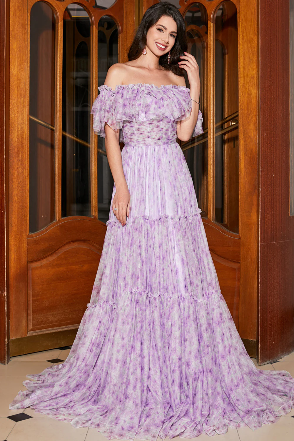 Magnifique une ligne hors de l’épaule lilas Floral longue robe de soirée avec volants - Image 6