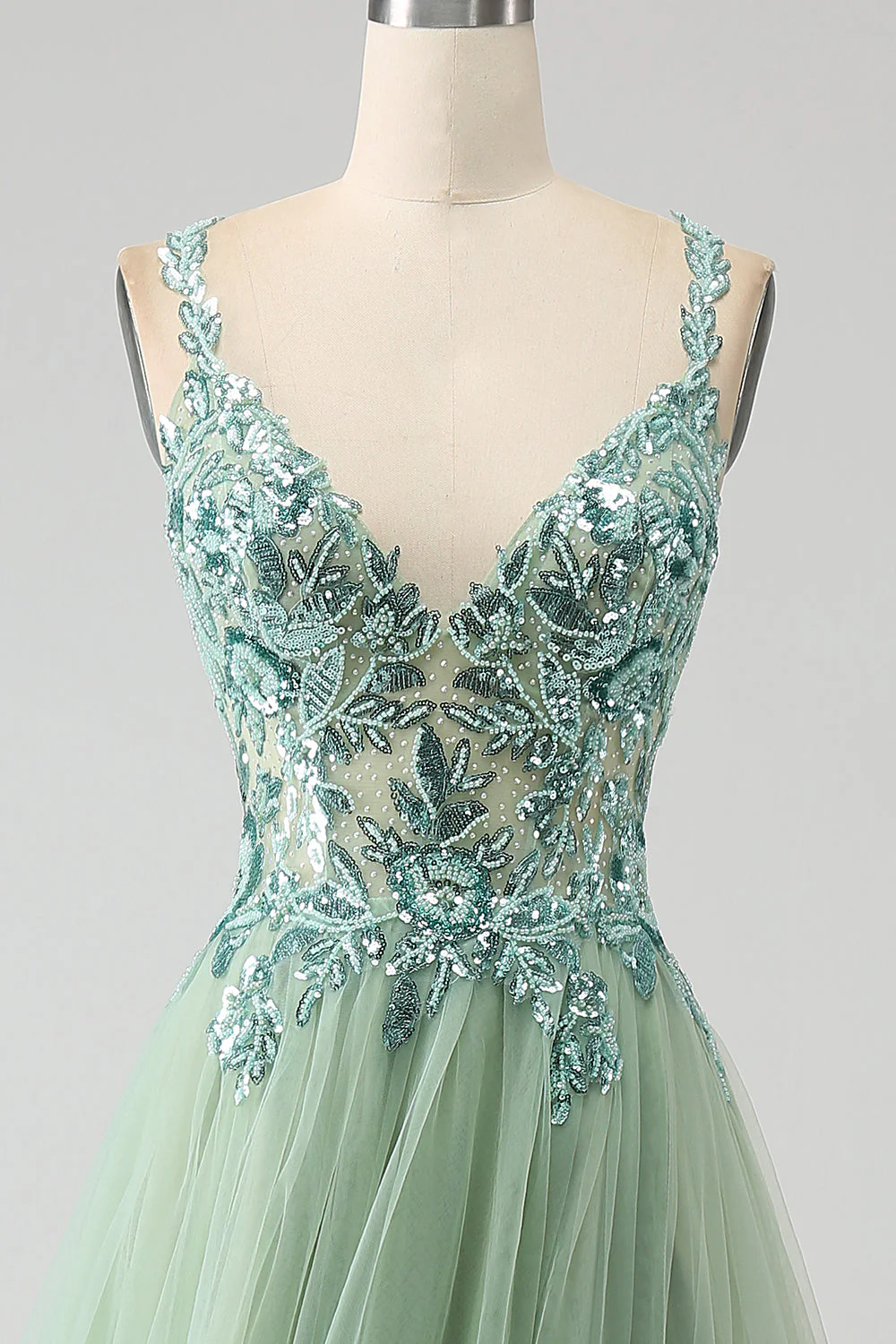 Magnifique une ligne V col vert clair longue robe de soirée avec des appliques - Image 4