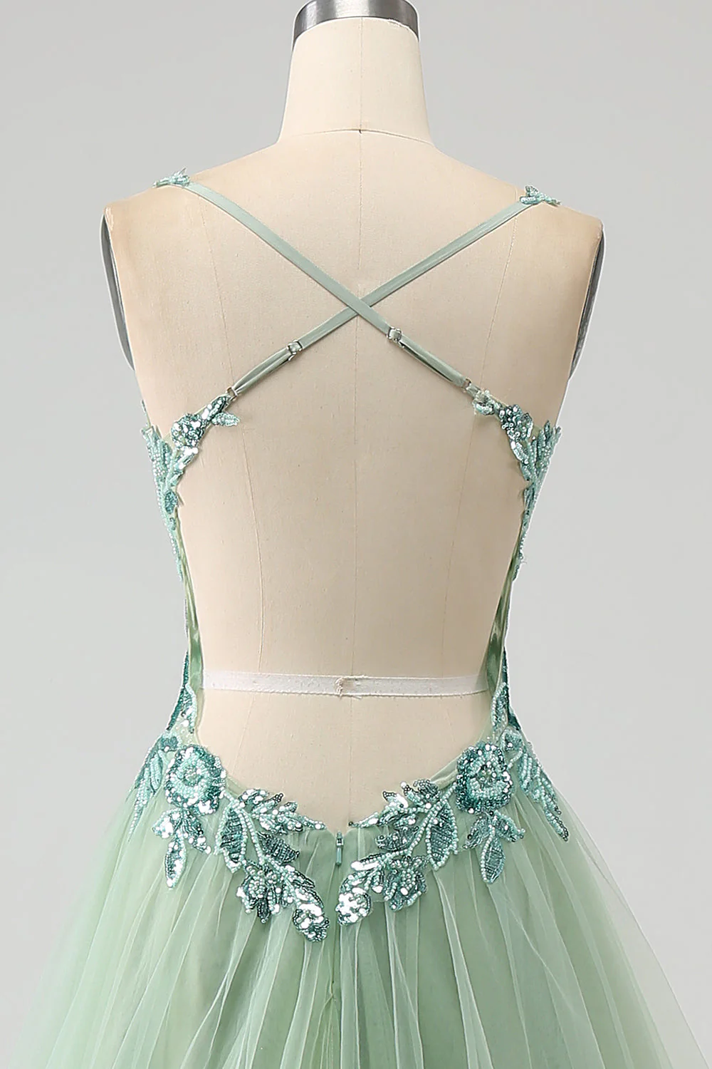 Magnifique une ligne V col vert clair longue robe de soirée avec des appliques - Image 5
