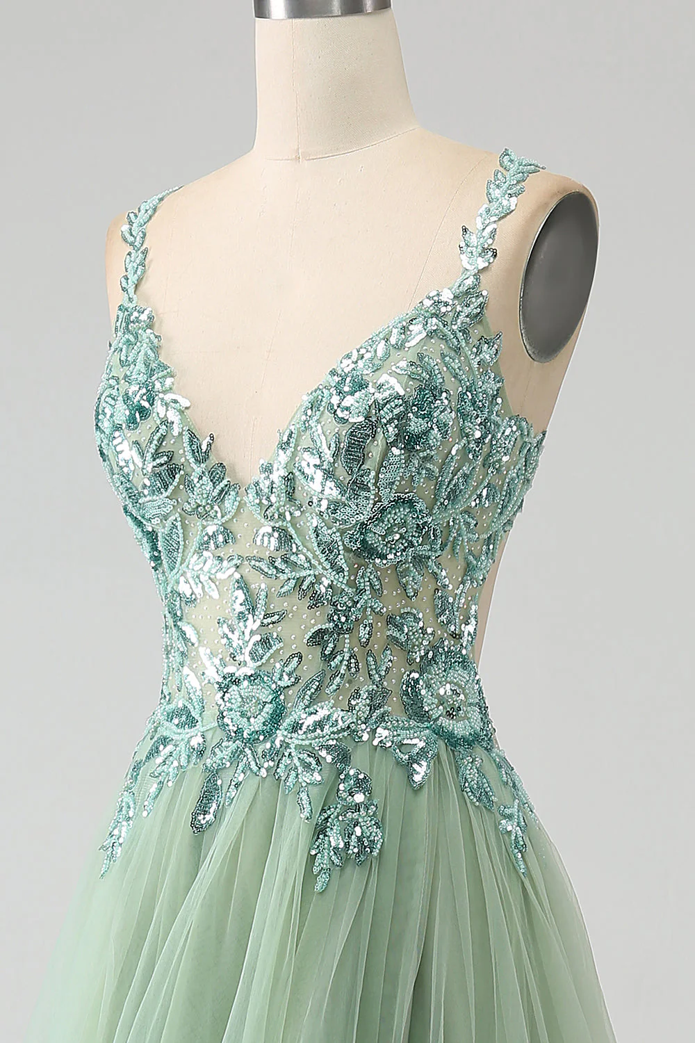 Magnifique une ligne V col vert clair longue robe de soirée avec des appliques - Image 6