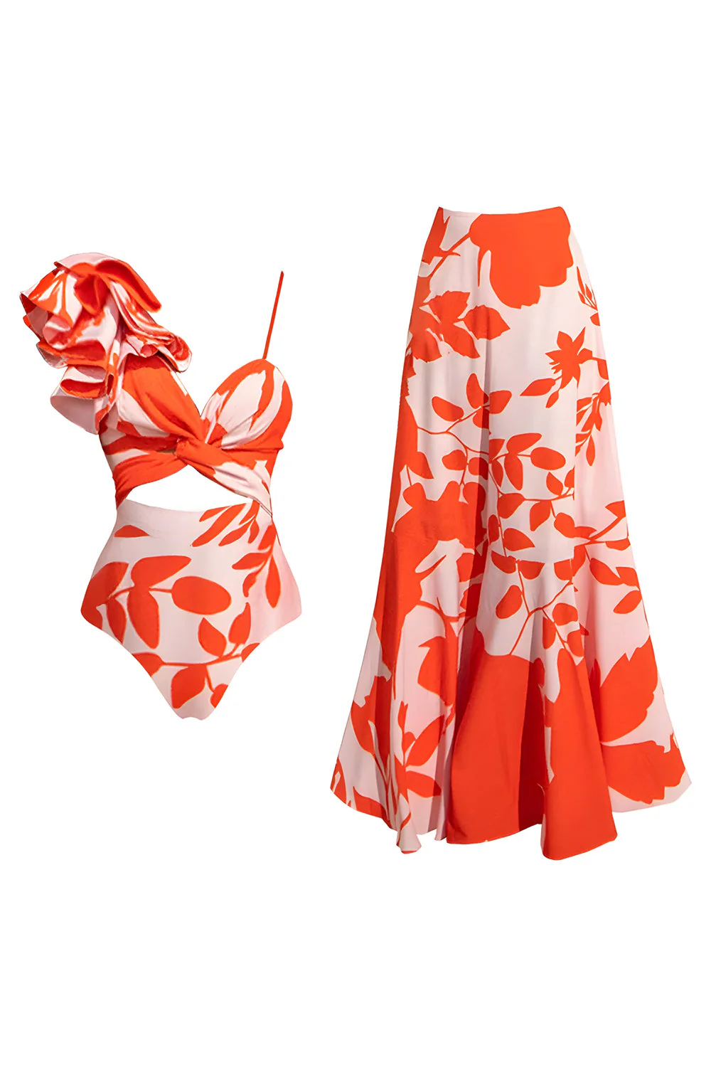 Maillot de bain 2 pièces à bretelles fines orange à volants avec robe de plage