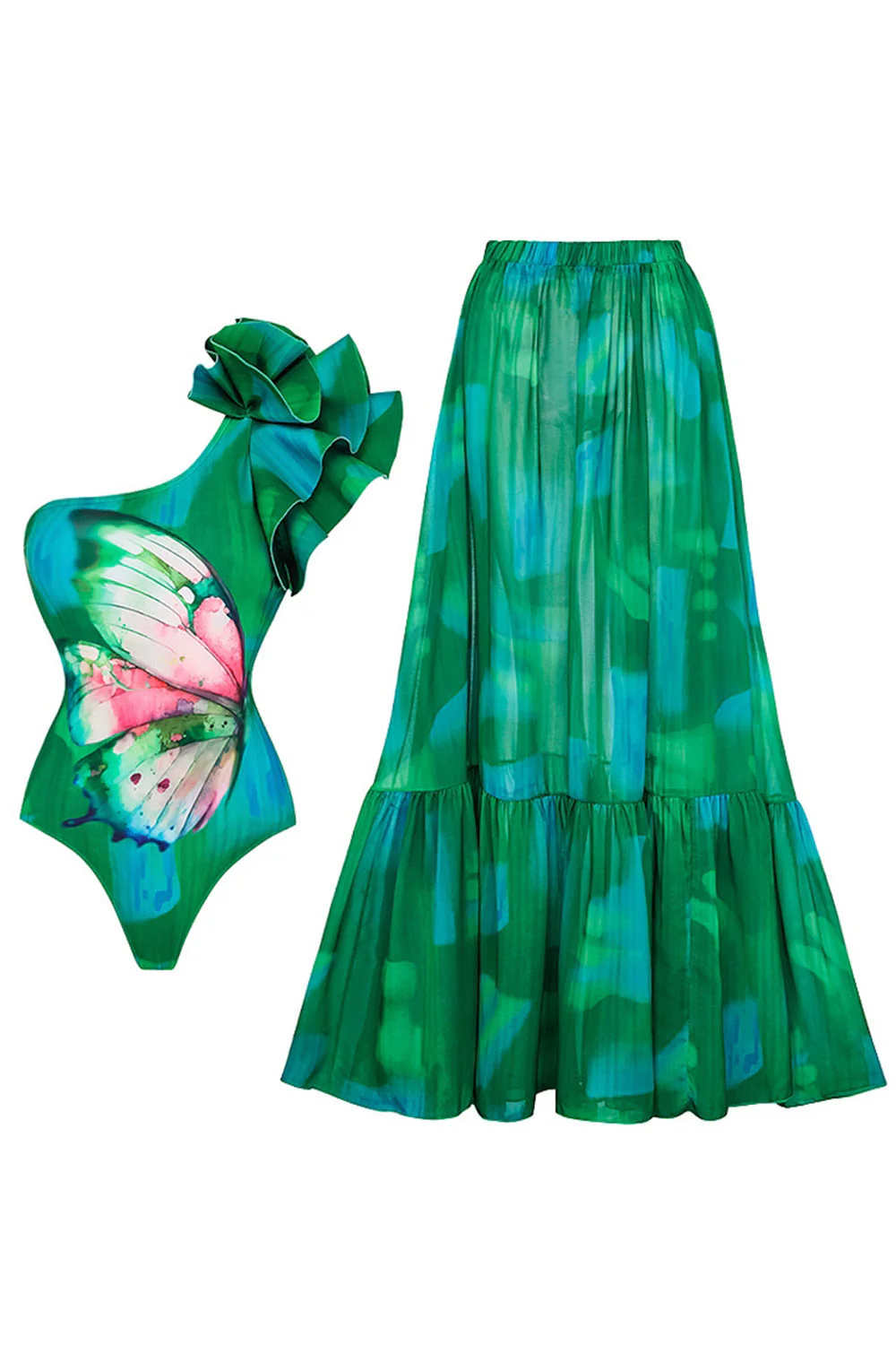 Maillot de bain 2 pièces à volants vert foncé à une épaule avec couverture
