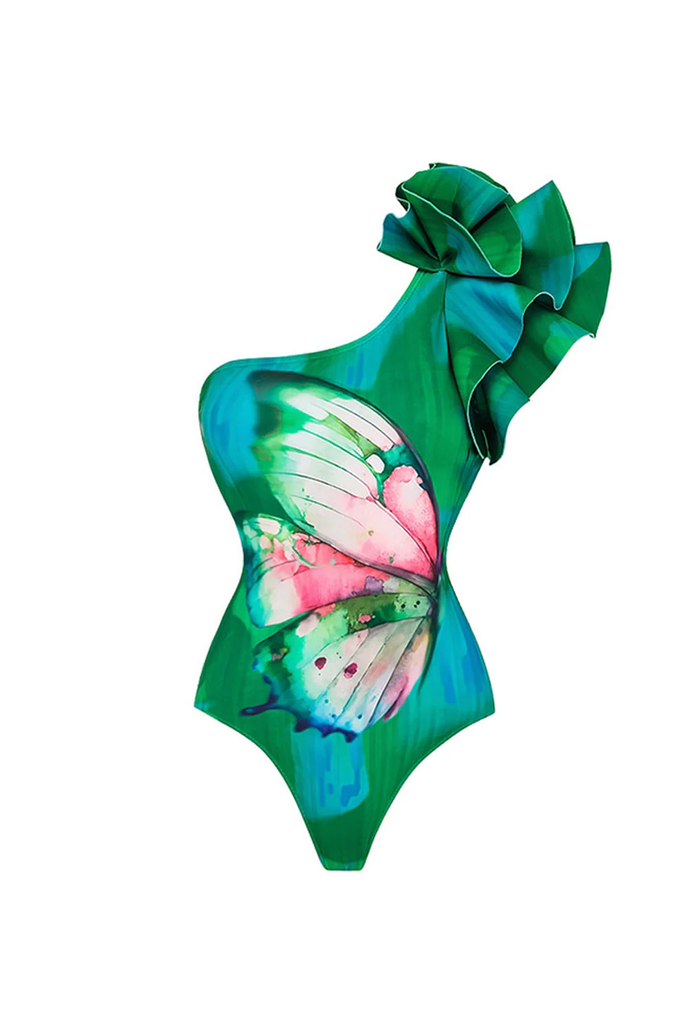Maillot de bain 2 pièces à volants vert foncé à une épaule avec couverture - Image 2