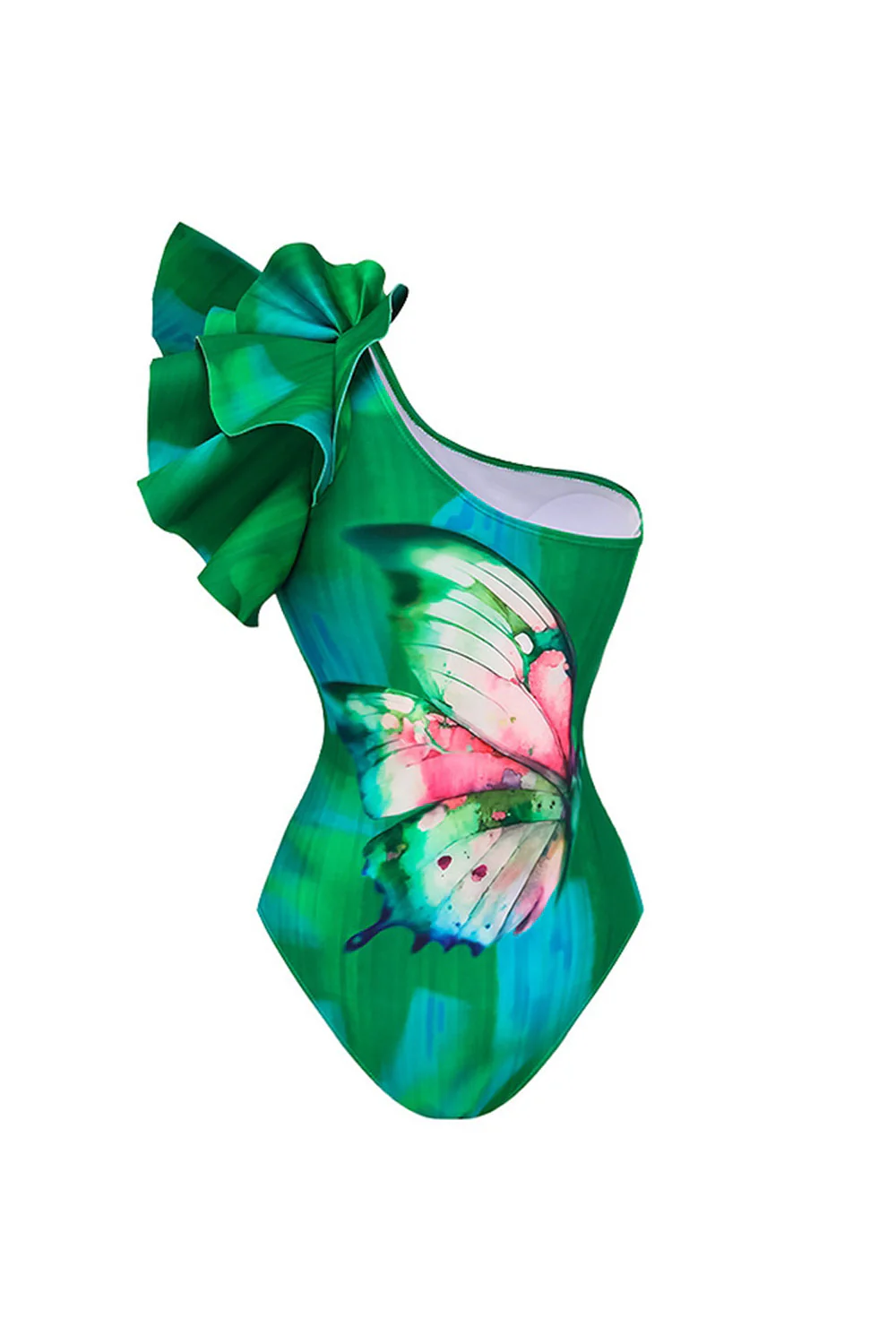 Maillot de bain 2 pièces à volants vert foncé à une épaule avec couverture - Image 3