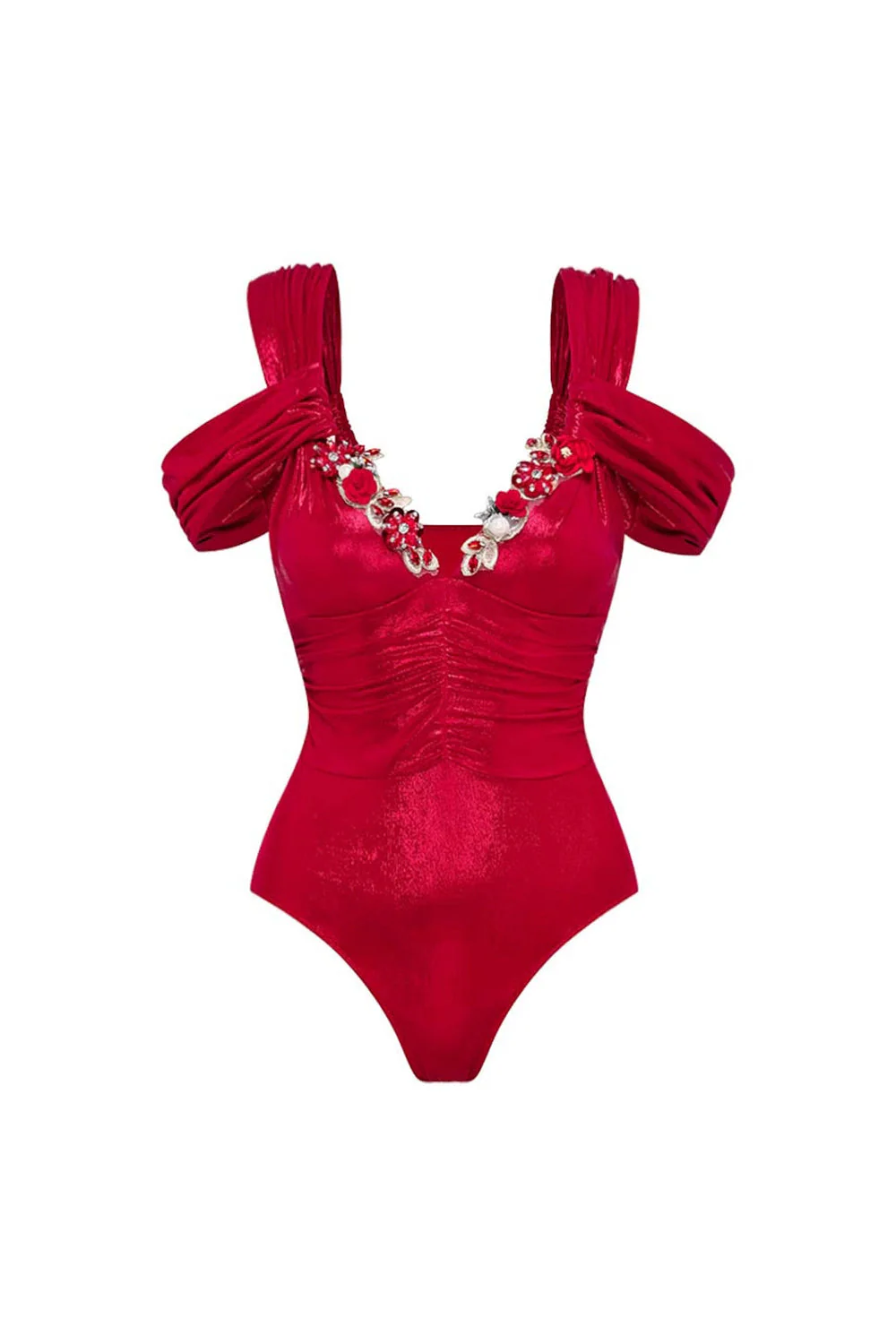 Maillot de bain 3D en 2 pièces à épaules froides rouges avec robe de plage - Image 2