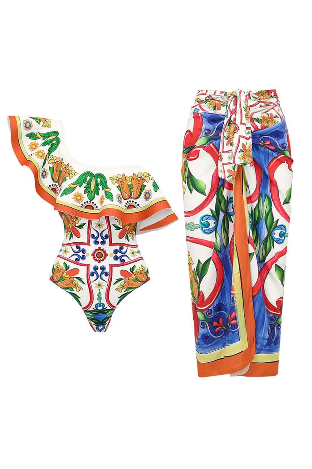 Maillot de bain à 2 pièces à imprimé orange bleu avec robe de couverture