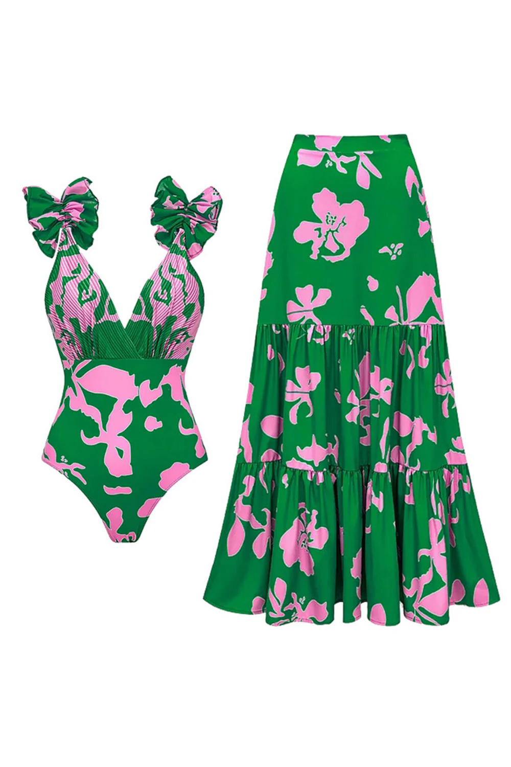 Maillot de bain à col en V imprimé en deux pièces vert foncé avec couverture