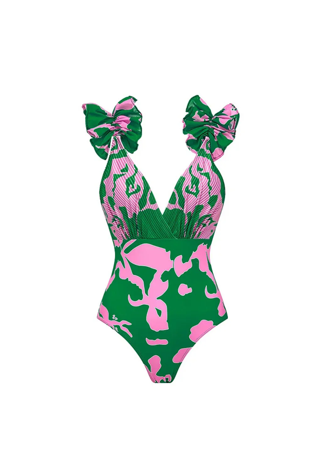 Maillot de bain à col en V imprimé en deux pièces vert foncé avec couverture - Image 2