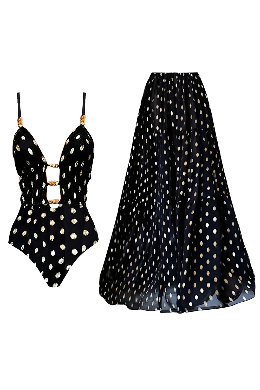 Maillot de bain à poches blanches noires à bretelles fines en deux pièces découpées avec couverture